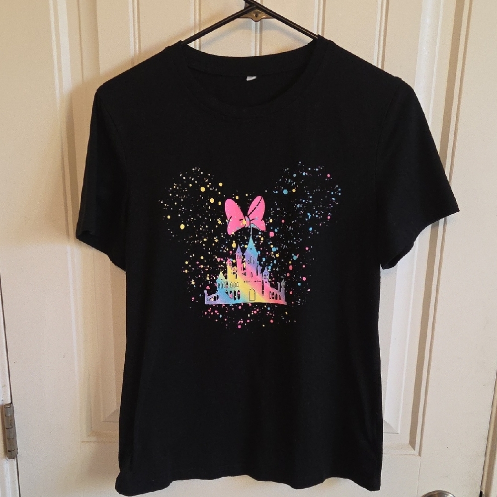 Disney Castle Rainbow Minnie Ears Splatterdot Black Tshirt - Picture 3 of 6
